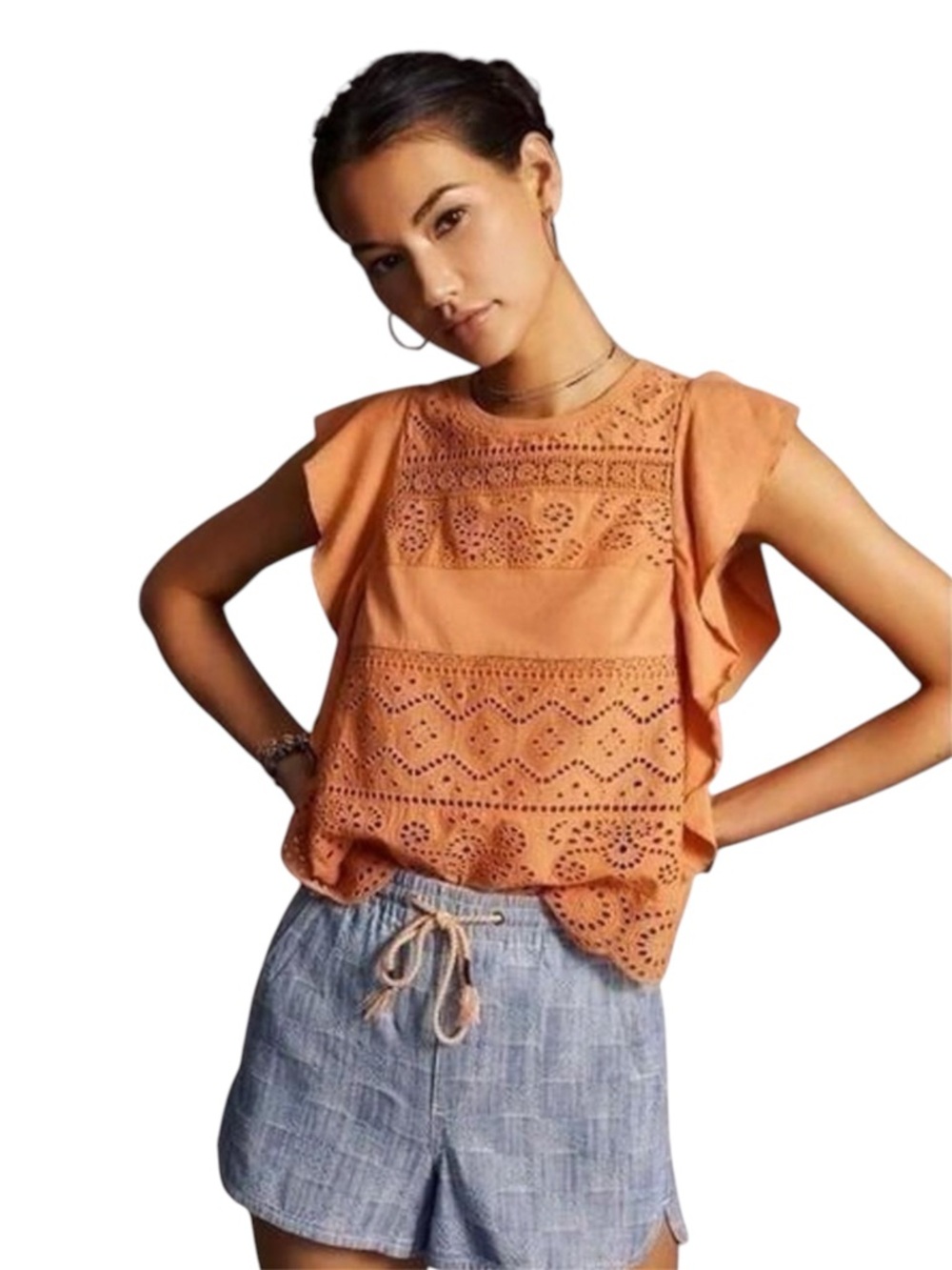 Anthropologie Sustainable Lace Eyelet Flutter Sleeve Boho Indie Tank